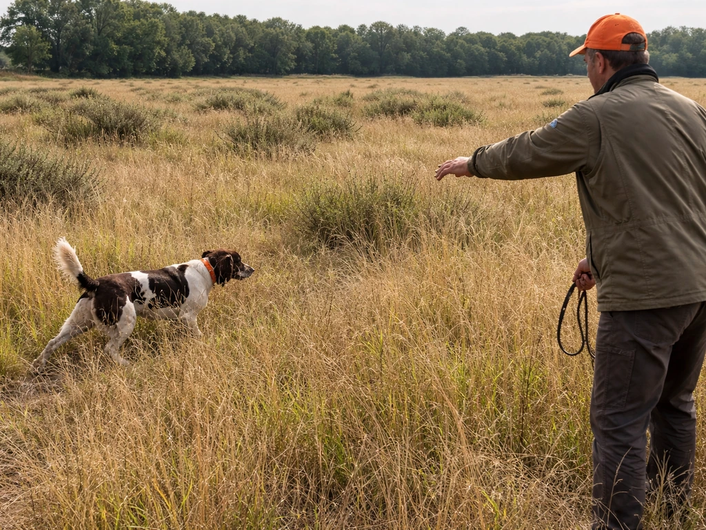 Upland bird dog quartering in tall grass as a handler keeps control in an open field