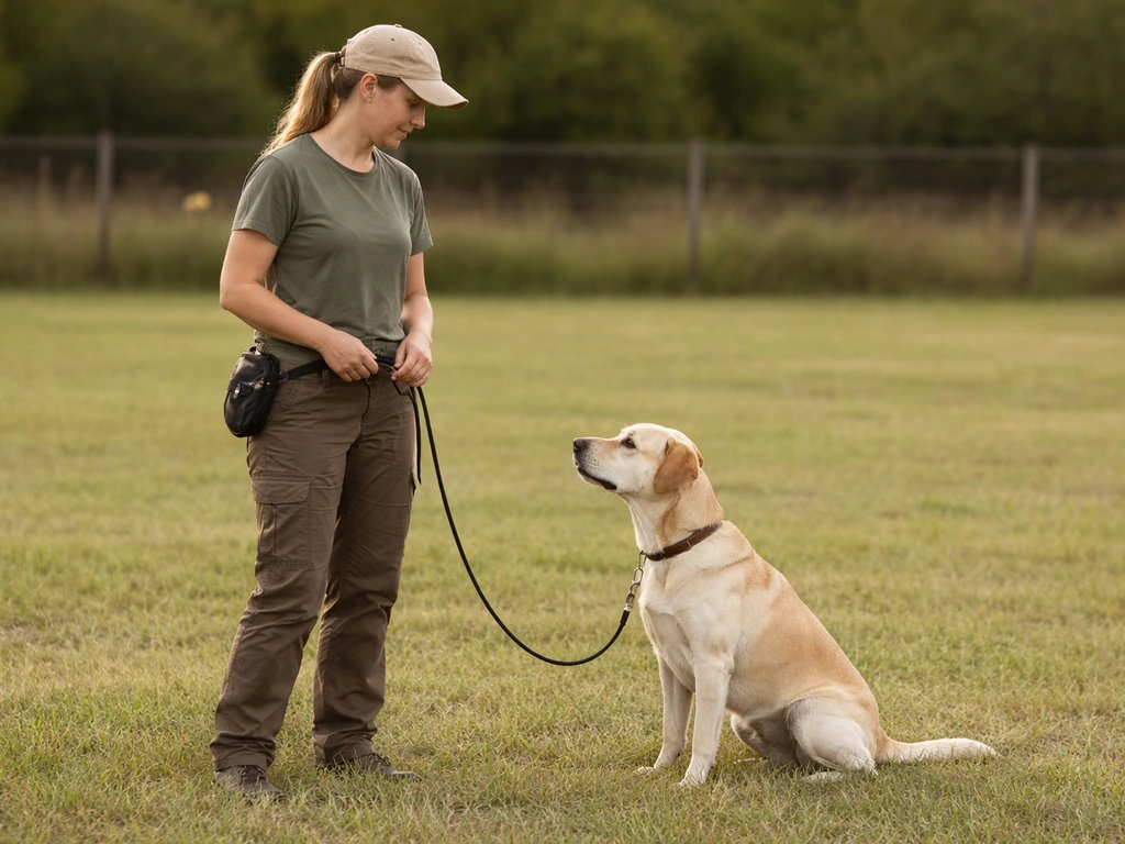 Dog handler and attentive dog on slack leash in a quiet outdoor training yard.