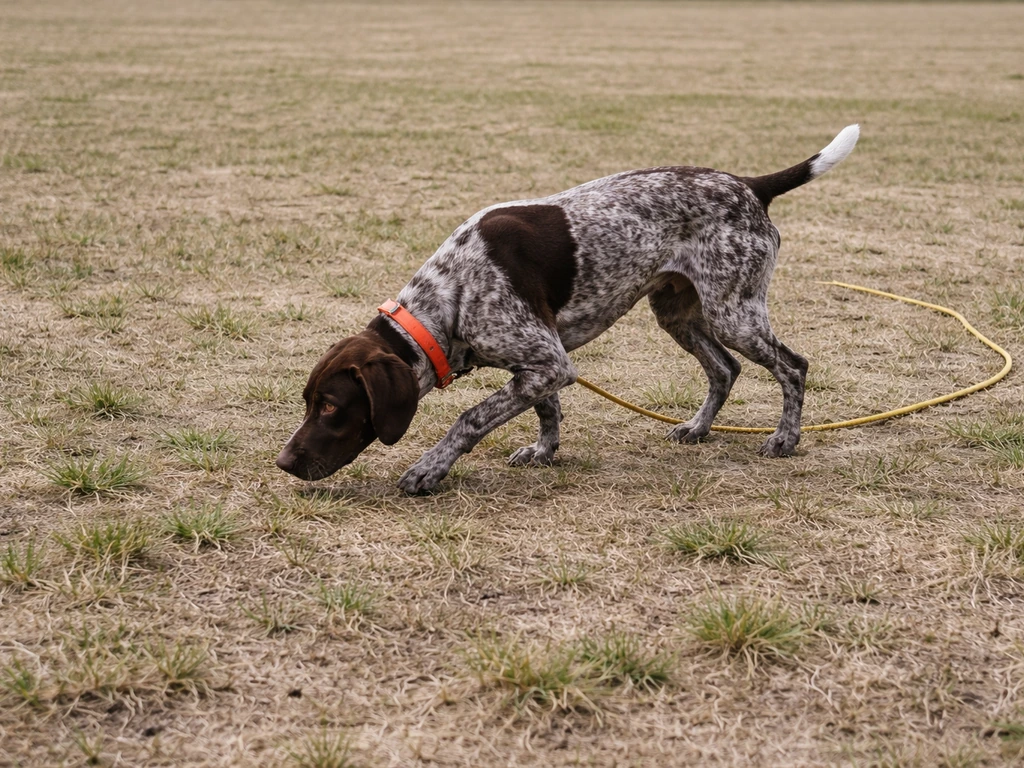 Medium hunting dog nose-working and quartering on clean field ground during long-line scent training.