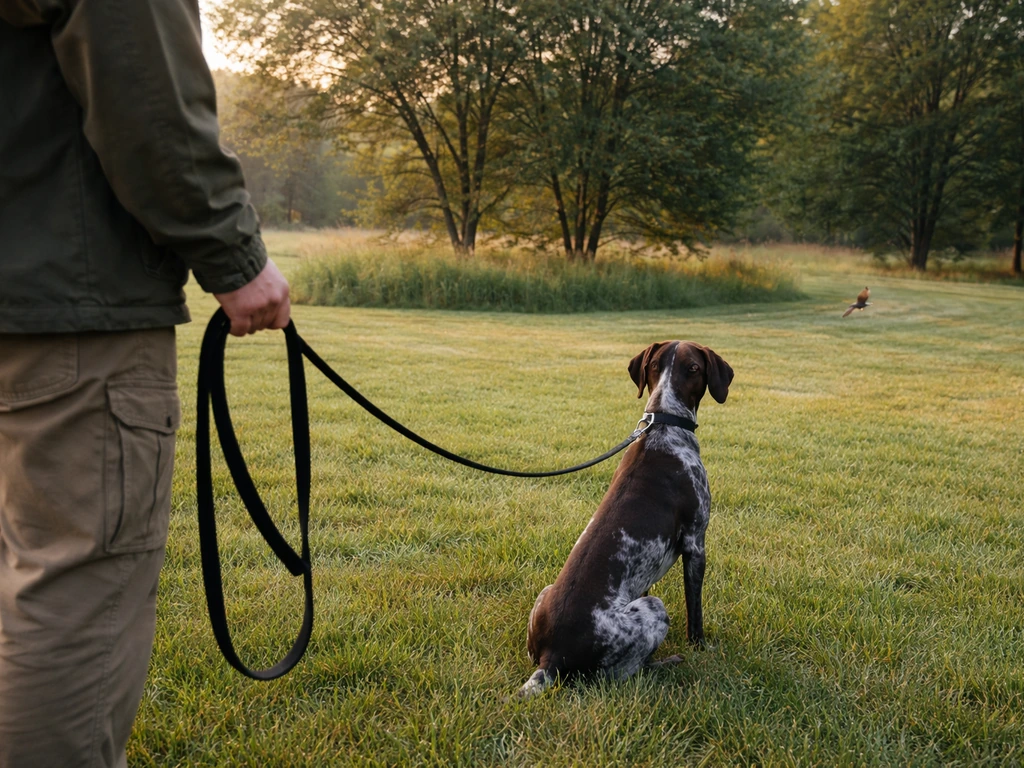 Person holding a leash with a calm dog near a lawn while a distant bird startles and flushes away