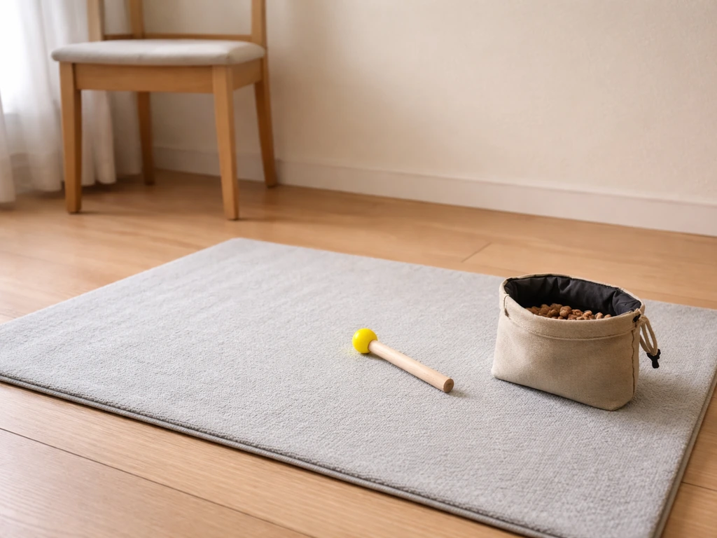 Calm bird-training setup on a small mat with a target object and treat pouch in a quiet room.