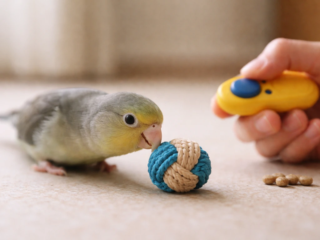 Close-up of a small pet bird leaning in and gently pecking a fetch object, with a treat clicker nearby.
