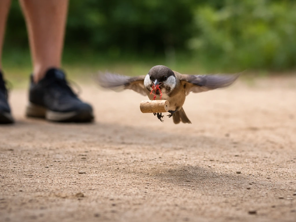 Trained bird flying toward a person while carrying an object, about to drop it
