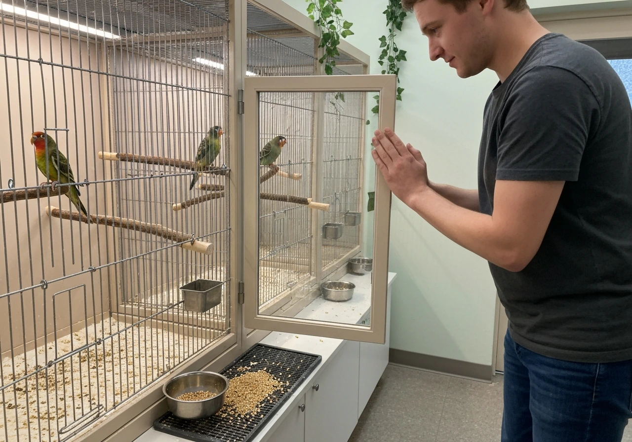 Person calmly observing pet birds in a clean, safe indoor aviary while choosing responsibly