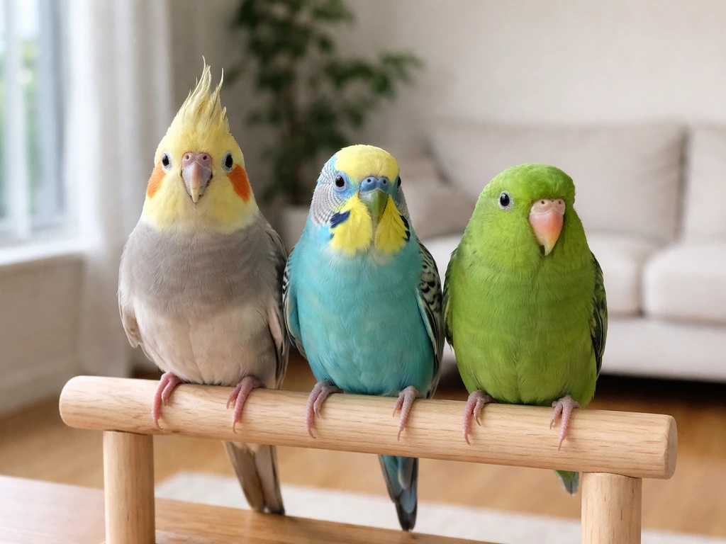 Three small pet parrots perched side-by-side on a tidy stand in a bright, quiet indoor room.