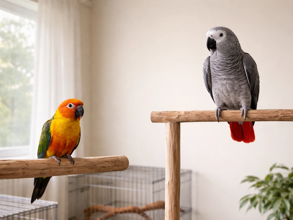 Small parrot on one side and larger parrot on the other, both perched indoors in natural light.
