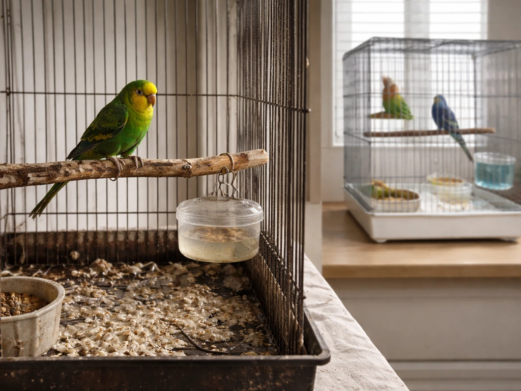 Dirty, cramped bird cage in front contrasted with a clean, calmer enclosure in the background.