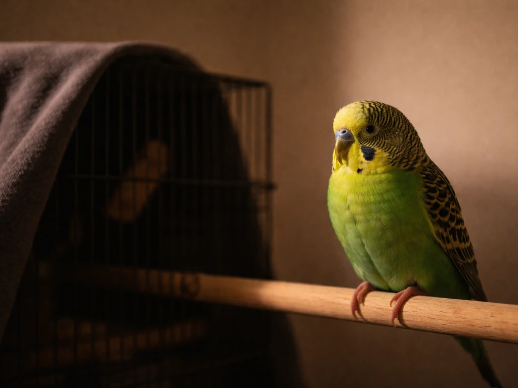 A budgie perched beside a covered cage in a dim, quiet room at night