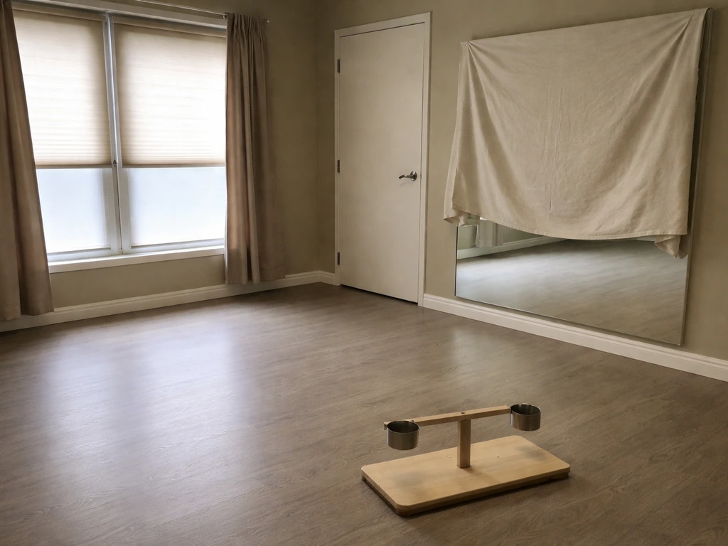 A bird training room with windows and door closed and a mirror covered by cloth, no people present.
