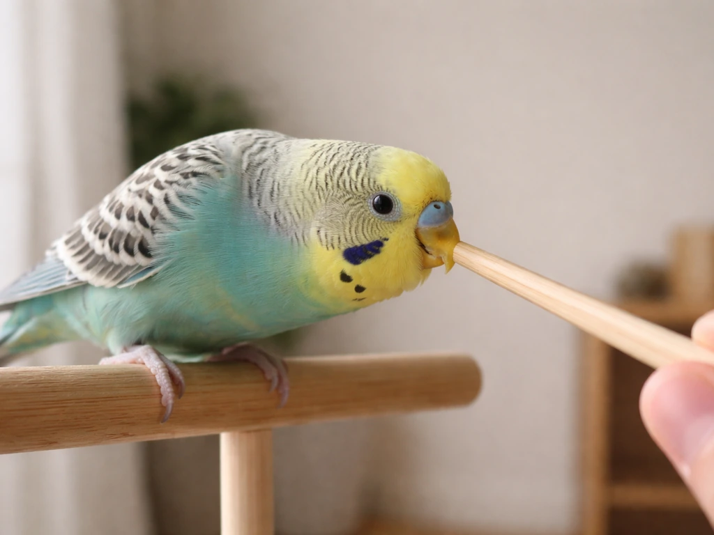 A small budgie touches a chopstick tip near a hand, illustrating cue-and-reward target training