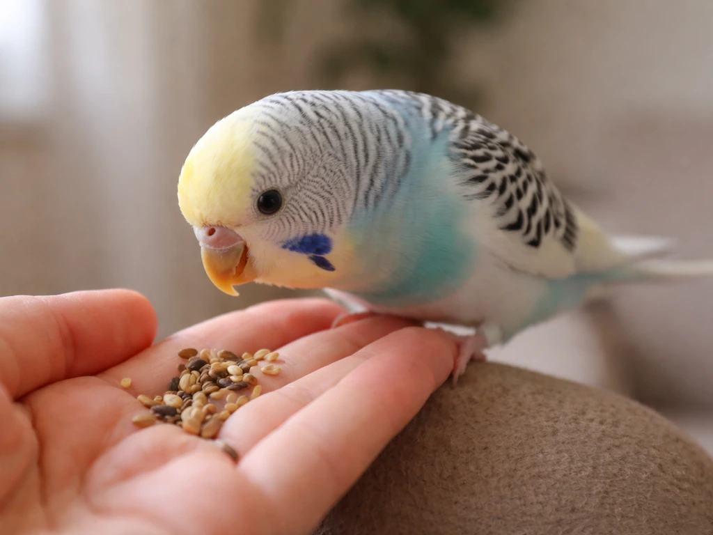 Adult parakeet perched on a hand, eating seeds offered at bird level in a calm indoor setting