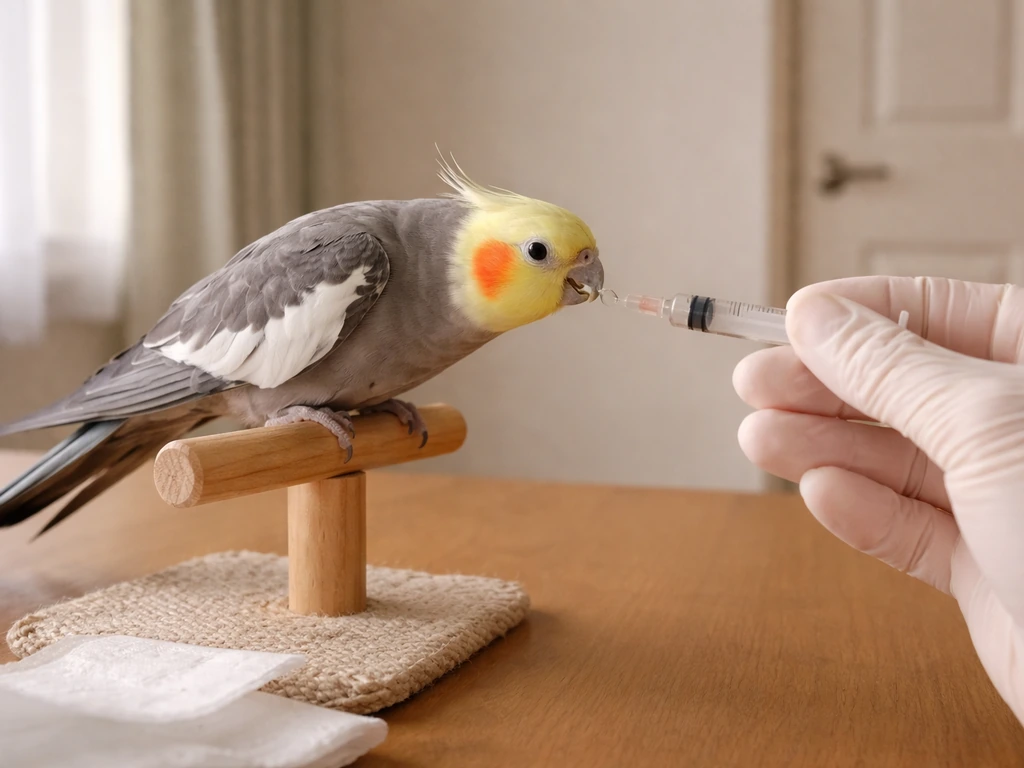 A person’s gloved hand offers formula to an adult pet bird in a quiet, closed-room setting