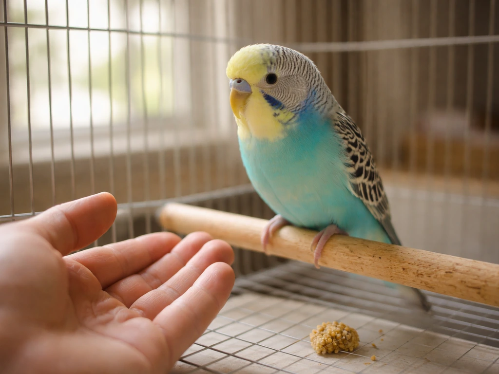 Small pet bird perched as a human hand offers space, with a treat placed near the perch.