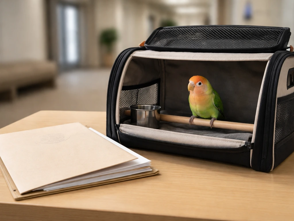 A small bird inside a travel carrier beside a folder with ADA-style public access documents