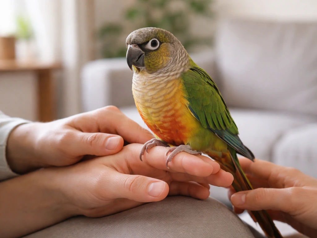 A calm parrot being gently handled, showing consent-based body language in a simple home setting.