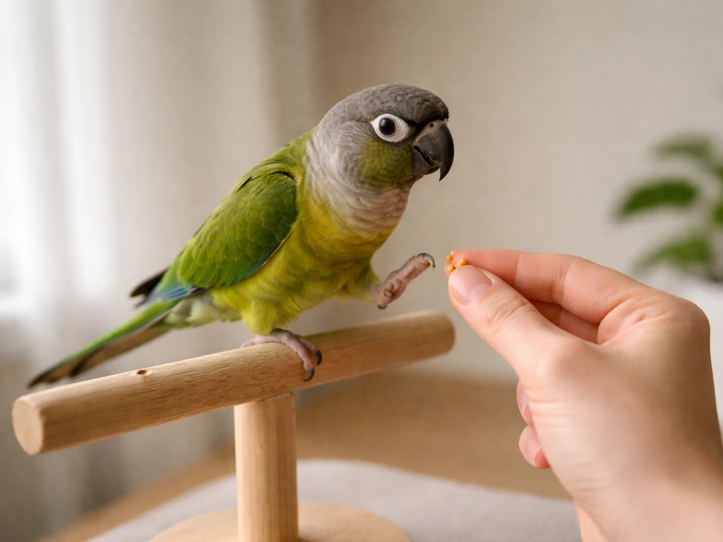Hand offering a treat as a small parrot steps up on a perch in a calm indoor training moment.