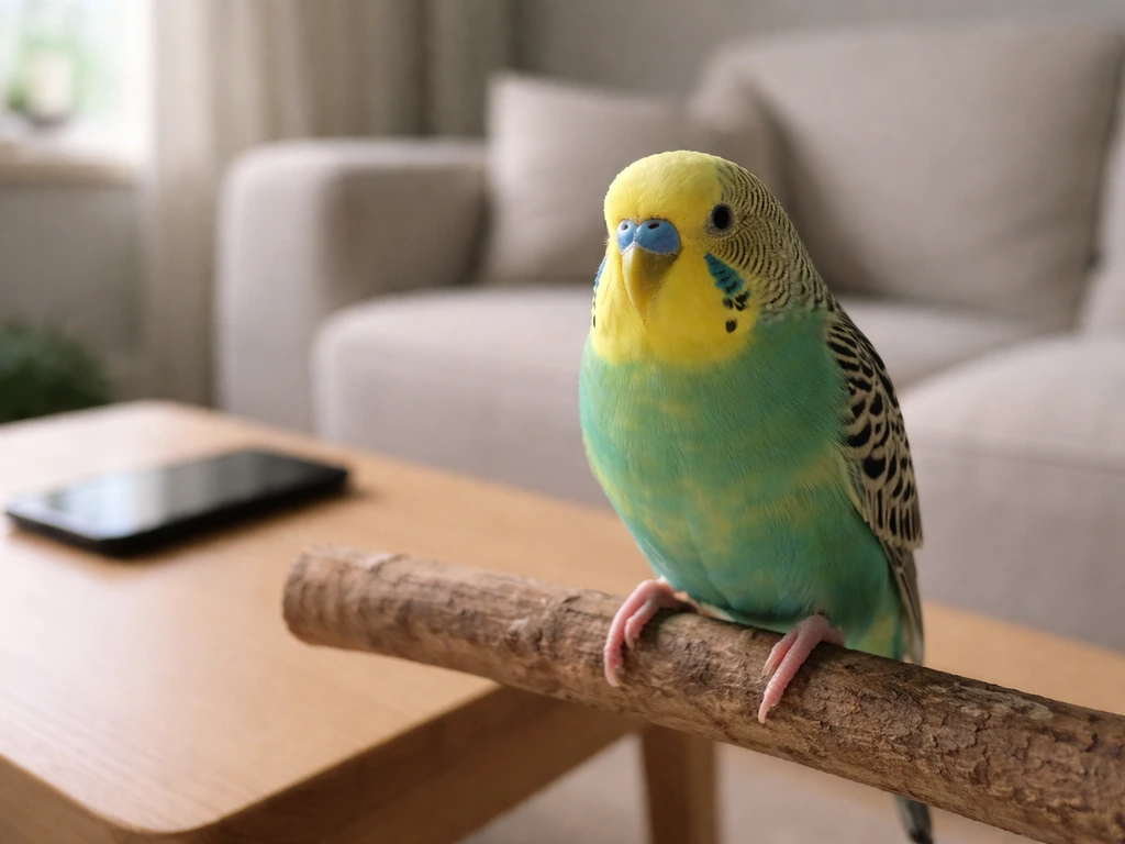 Calm pet bird perched beside a phone playing quiet home sounds in a softly lit room