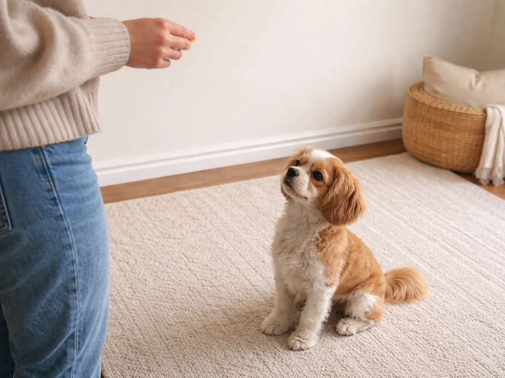 A dog in a quiet room responds to a simple cue with a new person nearby, proofing generalization