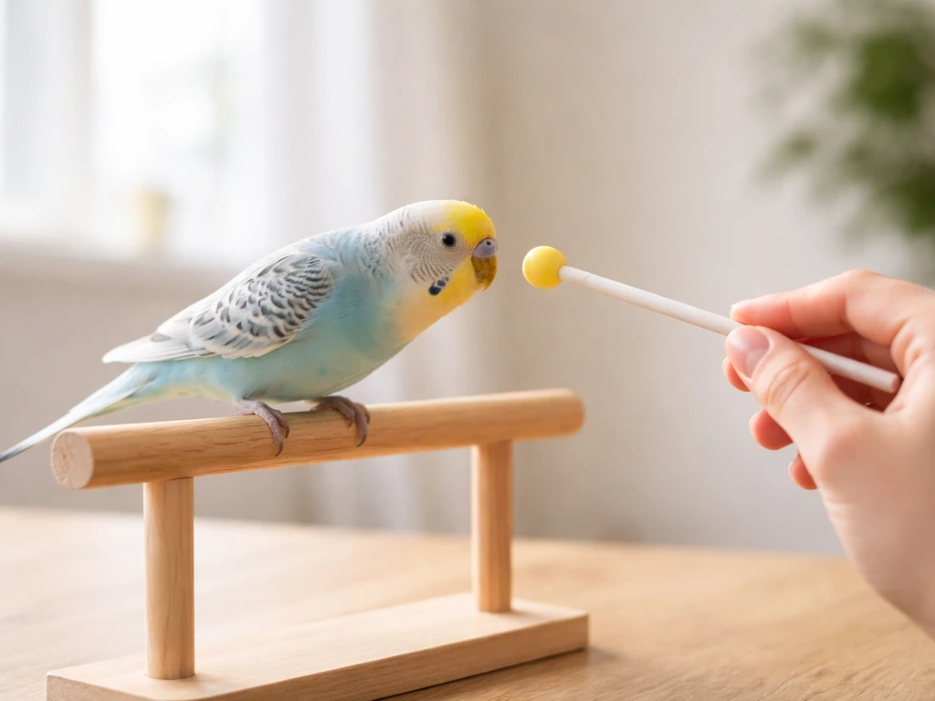 Pet bird on a perch approaches a softly held target stick tip for humane training.