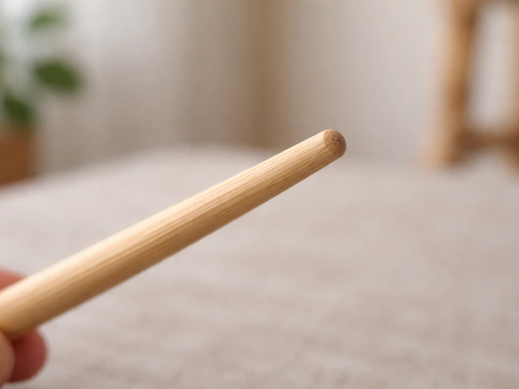 Close-up of a plain wooden chopstick target held at a safe angle over a bird-safe surface