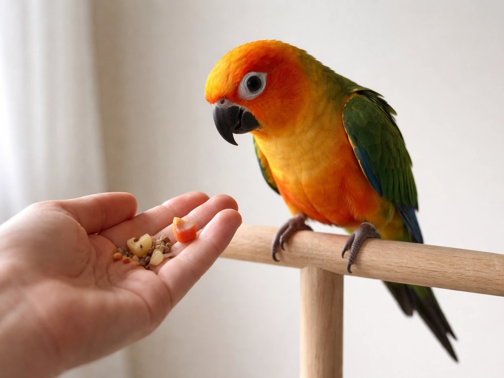 Hand offering small bird treats beside a parrot perched on a simple dowel in a quiet room.