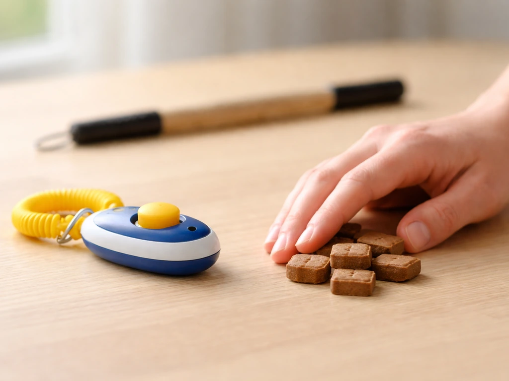 Clicker beside neatly arranged treats on a light wood surface for precision training moments.