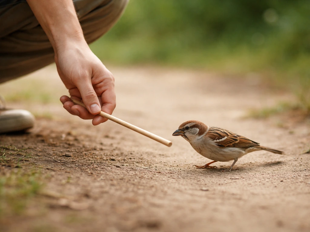 Relaxed person hand holding a stick near a calm bird that steps closer in a quiet outdoor setting