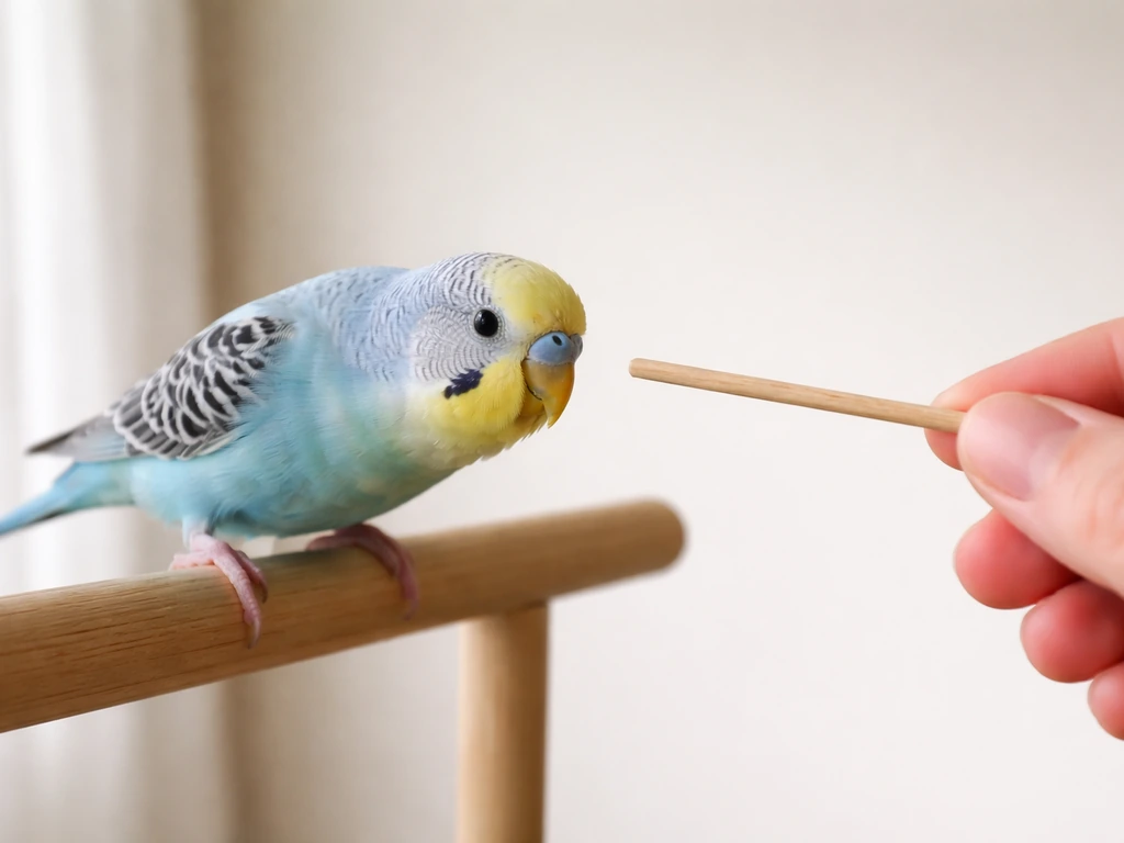 Small bird perched on a dowel leans toward a stick held slightly out of reach