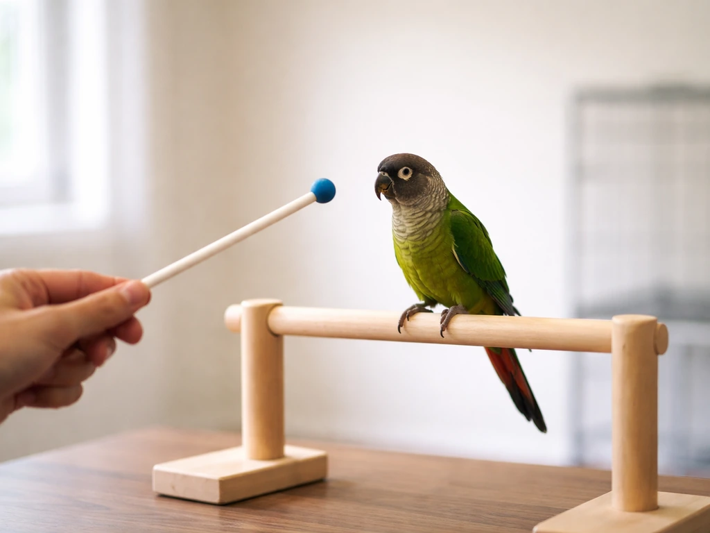 Trainer guiding a small parrot to a training perch with a target stick in a quiet indoor room.
