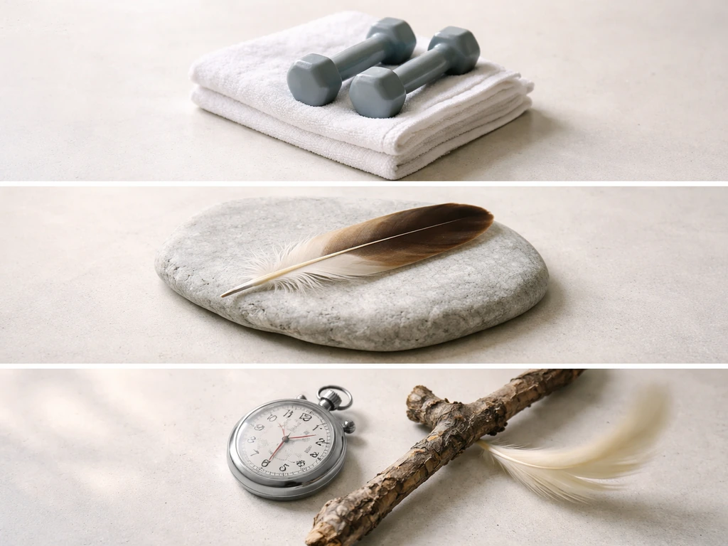 Minimal three-part setup showing fitness gear, a bird feather, and a stopwatch on a perch.
