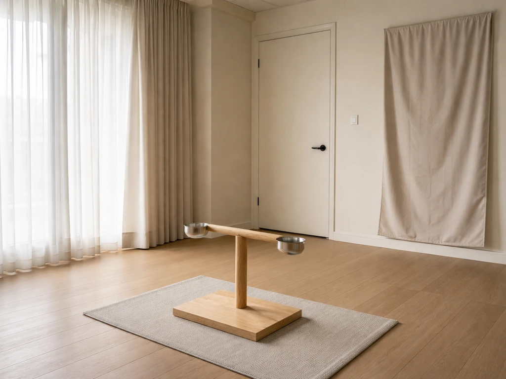Minimal bird-proofed room with curtains over window and mirror and a clear wooden perch landing area.