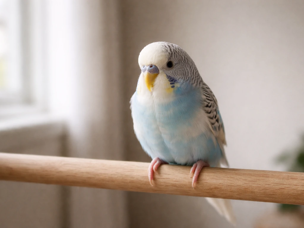 Close-up of a small bird perched beside a simple training perch, with a gentle home-care feel