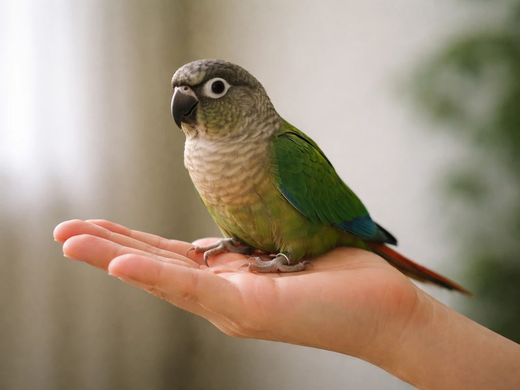 A calm pet bird stands on an open palm as a handler gently supports it indoors, safety-first training feel.