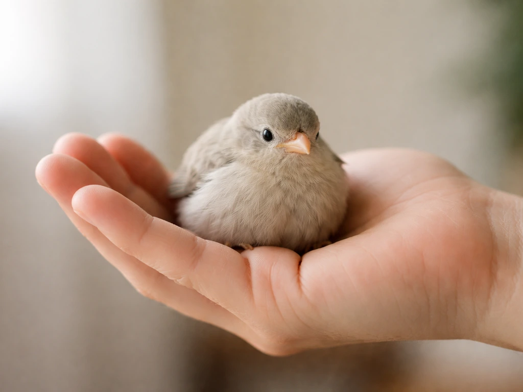 Close-up of a bird calmly supported in a cupped hand with a gentle 15–20° lateral tilt