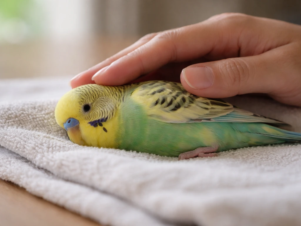 Calm small bird lying on its side as an adult hand lightly touches its back.
