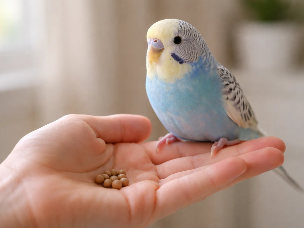 Close-up of a person’s open palm offering small treats to a calm bird on a quiet indoor perch.