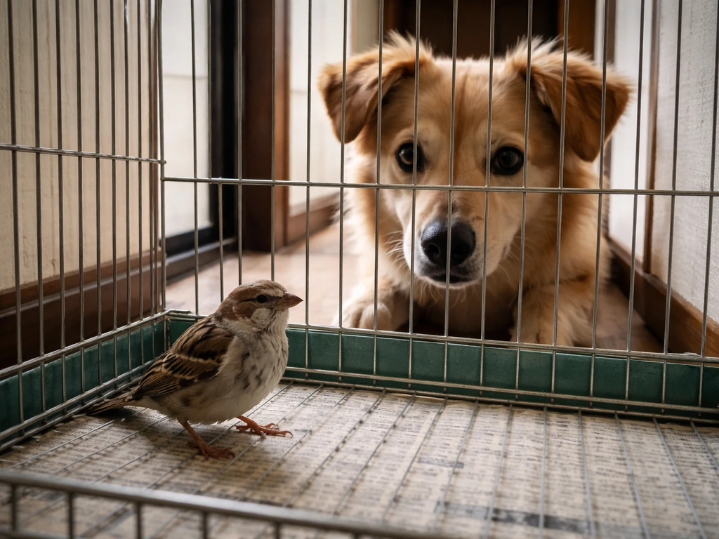 Small bird in a cage with a dog staring at it from too close behind the barrier.