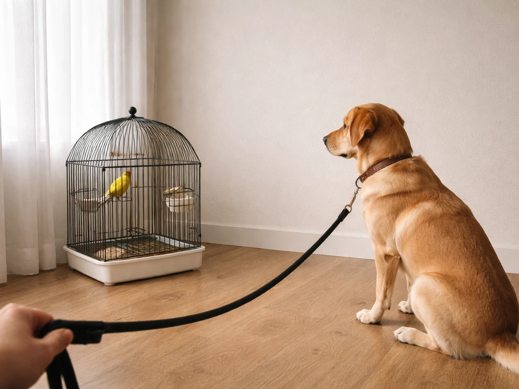 Leashed dog seated at a safe distance from a closed bird cage in a quiet home setting.