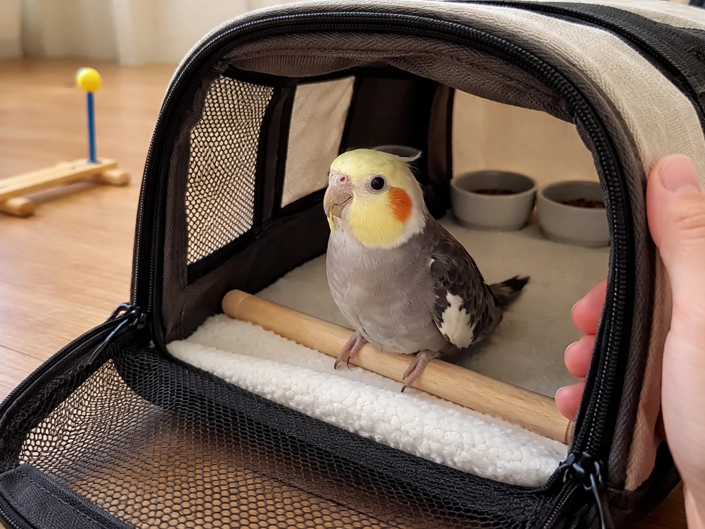 Small pet bird calmly perched in a secure carrier while a hand steadies it for safety checks.
