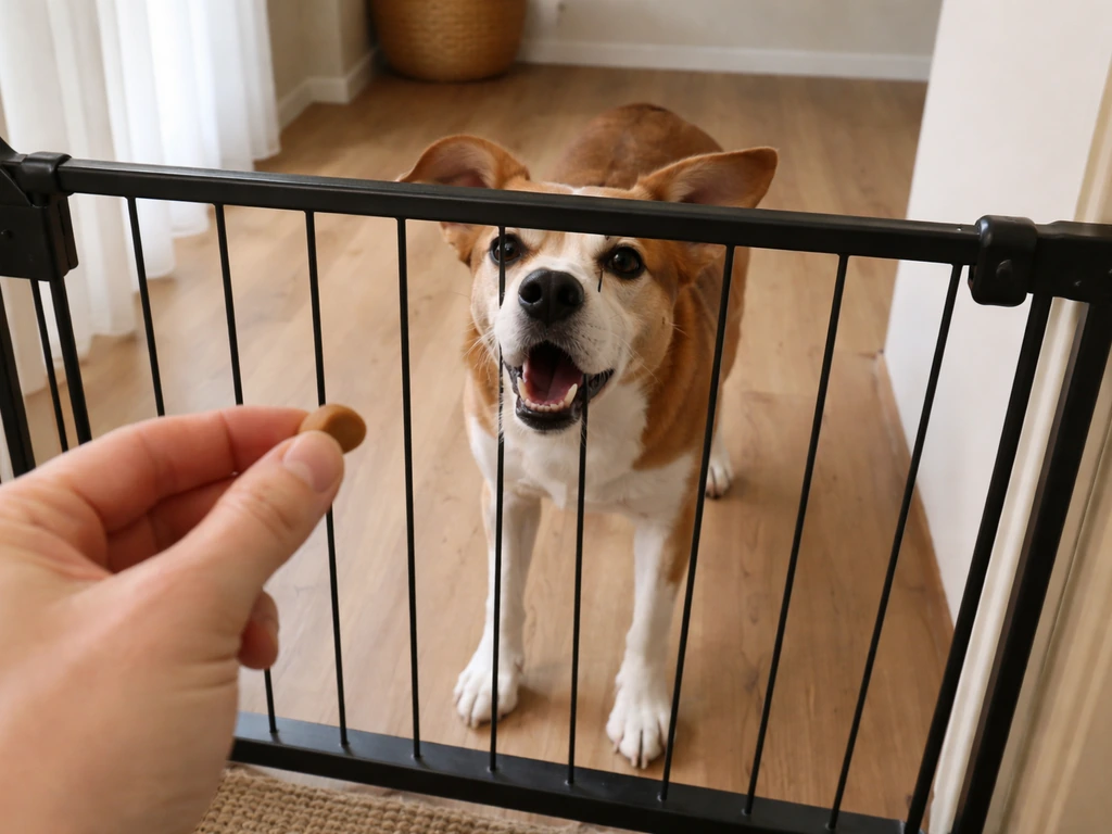 Medium dog barking behind a metal pet gate while a handler’s hand offers a treat nearby.