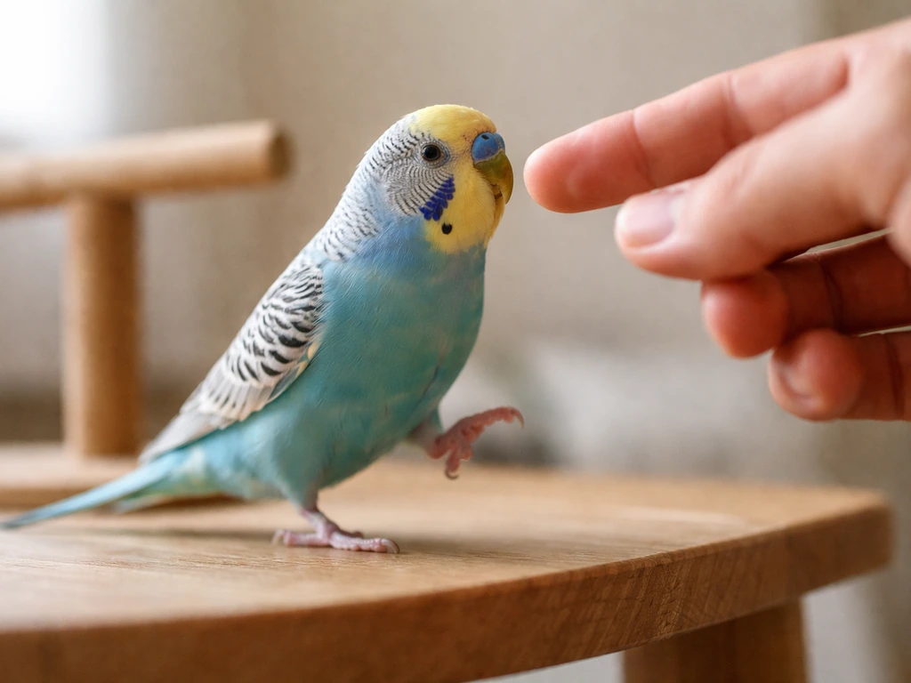 Small parakeet stepping upward from a low platform toward a nearby raised hand in training context.