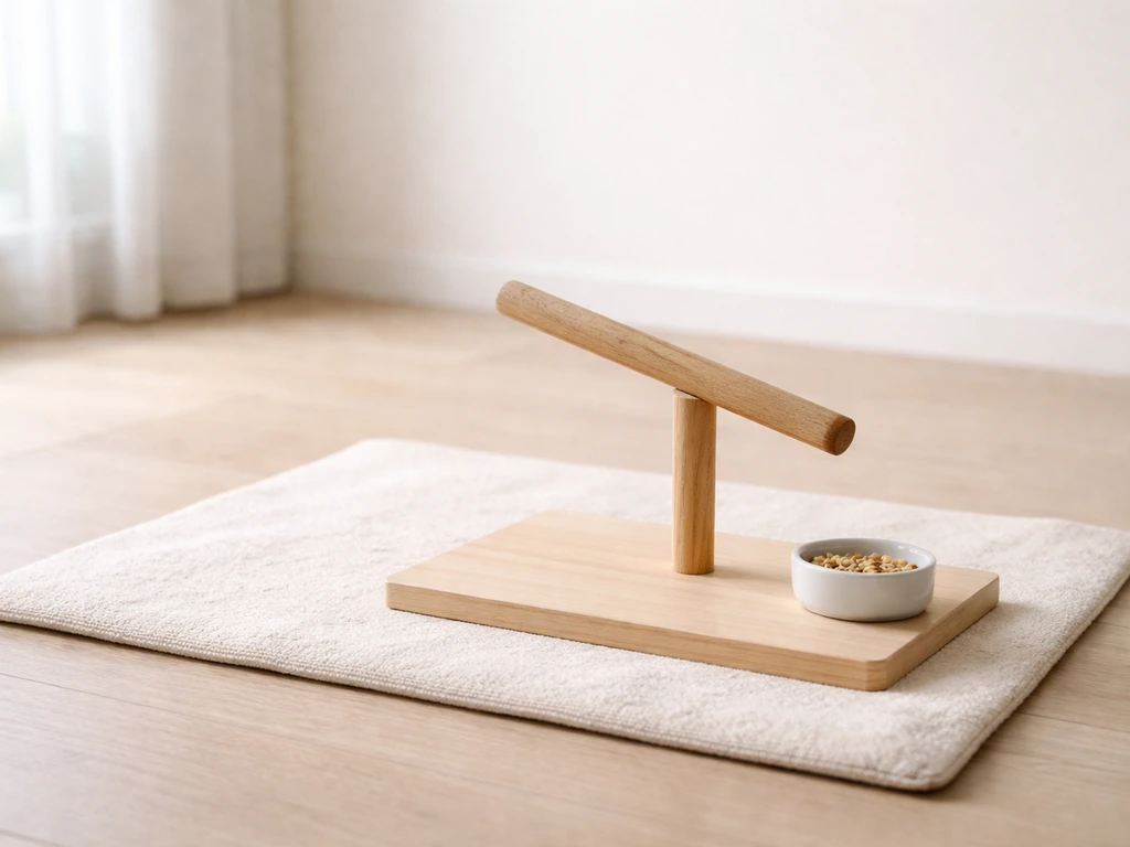 Calm bird training setup in a neutral room with a low angled perch stand, treats within reach.