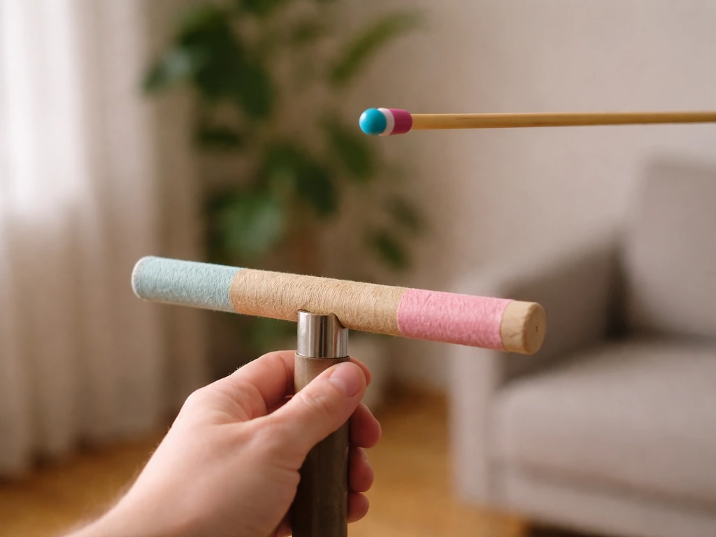 Handler’s hand holding a colored chopstick-tip target just beyond a perch, angled upward for training.