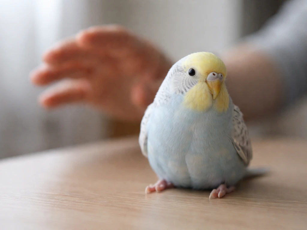 Close-up of a small bird freezing with flattened feathers while a handler withdraws a hand in pause.