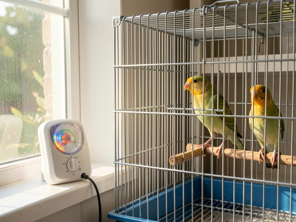 Canary cage near a window with timer-controlled full-spectrum light during waking hours