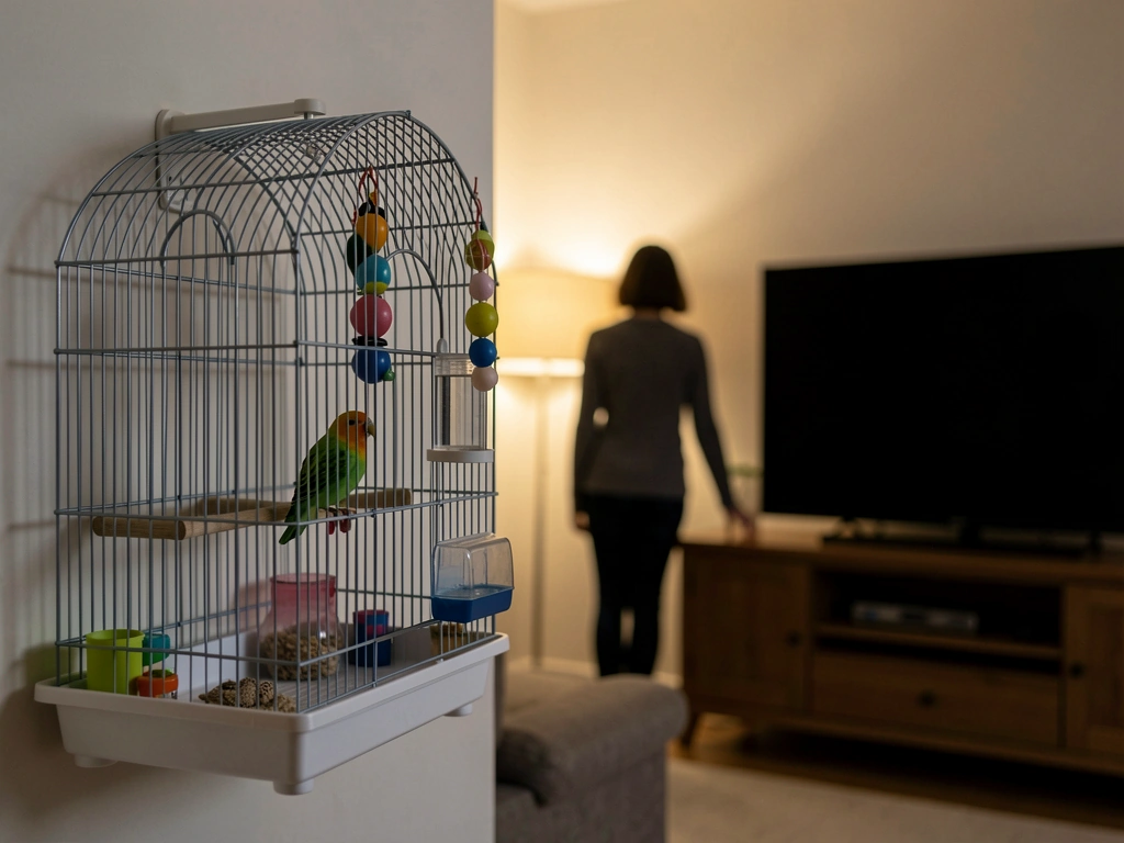 Bird cage positioned at secure height in view of household activity, with TV and loud noise avoided
