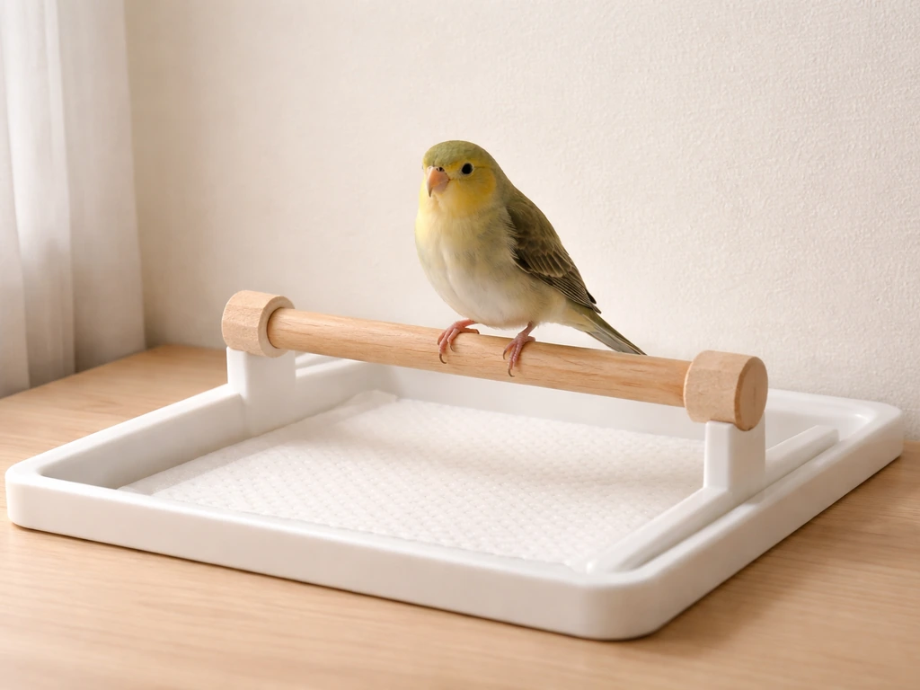 Small pet bird perched on a potty stand above a catch tray with a tidy bathroom setup.