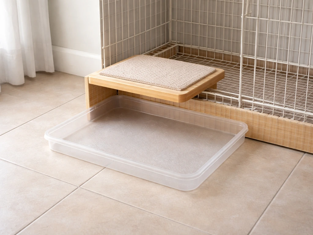 A designated raised potty stand near a cage with a clear catchment area underneath on a tiled floor.