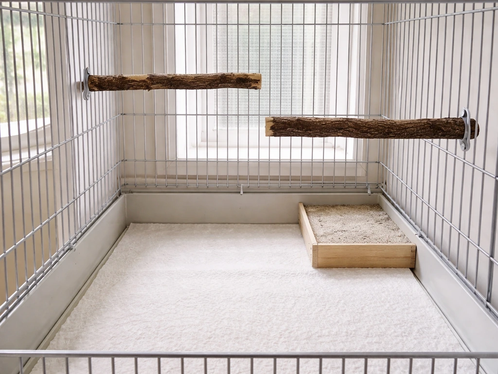 Inside a clean pet bird cage with a couple of perches positioned, bottom area left uncluttered for easy monitoring