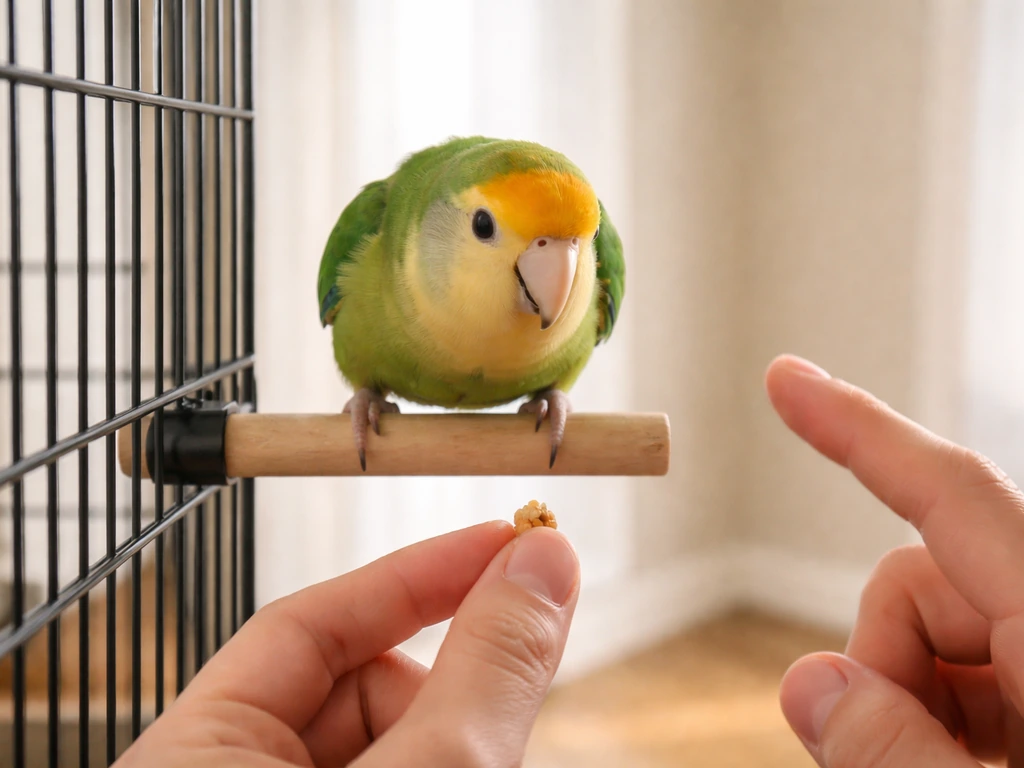 Small parrot on a potty perch as a handler cues and holds a treat for reinforcement.